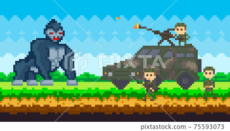 Pixel machine with military fighting big monkey. Pixel-game scene with soldiers, war automobile 75593073