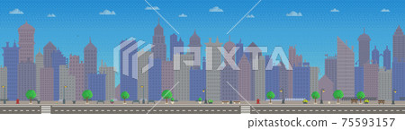 City downtown landscape with skyscraper silhouettes. Low-rise buildings on background of sky 75593157