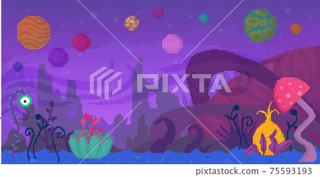 Space flowers with large petals, leaves and eyes. Orange pixelated alien street with unknown plants Space flowers with large petals, leaves and eyes. Orange pixelated alien street with unknown plants 75593193