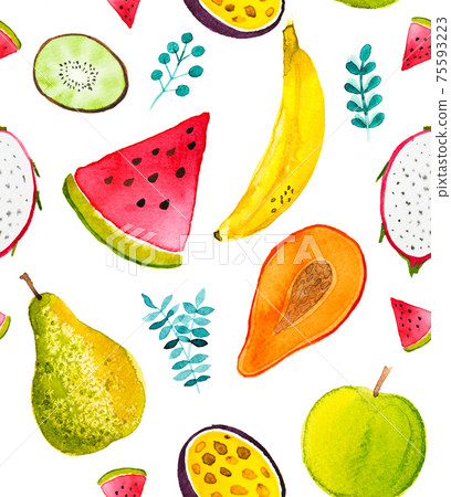 Watercolor seamless tropical fruit illustration, watermelon pawpaw, pear, banana with kiwi, dragonfruit, passion fruit. Watercolor seamless tropical fruit illustration, watermelon pawpaw, pear, banana with kiwi, dragonfruit, passion fruit. 75593223