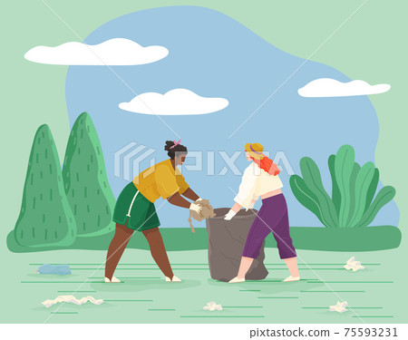Girls remove paper waste from meadow or glade. Female characters throwing trash to rubbish bag Girls remove paper waste from meadow or glade. Female characters throwing trash to rubbish bag 75593231