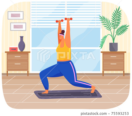 Plump girl in tracksuit stands on sports mat. Overweight woman with dumbbells go in for sports Plump girl in tracksuit stands on sports mat. Overweight woman with dumbbells go in for sports 75593253