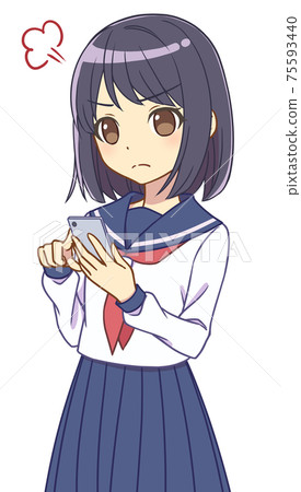 A girl in a sailor suit who operates a smartphone gets angry A girl in a sailor suit who operates a smartphone gets angry 75593440