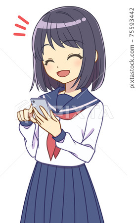 A girl in a sailor suit who operates a smartphone laughs A girl in a sailor suit who operates a smartphone laughs 75593442