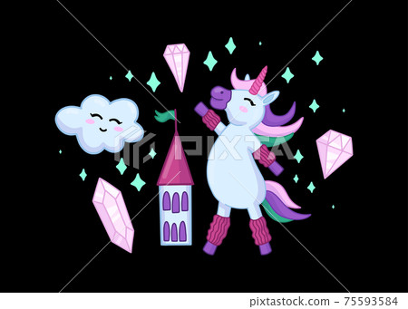 Children's character. Unicorn in a sports uniform, doing exercises. Things around. Design for kids sportswear. Vector outline illustration. 75593584