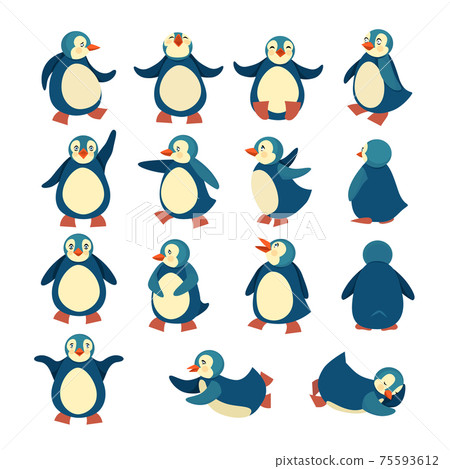 Set of penguins in different poses. One character on the move. Northern bird, childish cute character. Vector flat illustration. 75593612