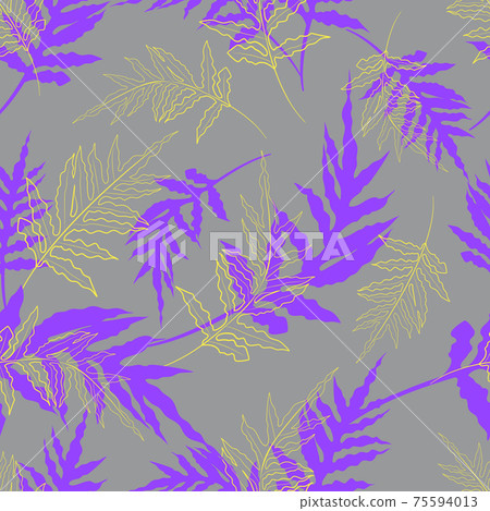 Seamless pattern with purple and yellow tropical fern leaves. Botanical summer texture. Seamless pattern with purple and yellow tropical fern leaves. Botanical summer texture. 75594013