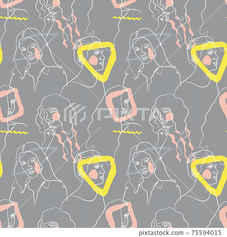Seamless pattern with white single line drawing of woman portrait with abstract geometric shapes. Gray background 75594015