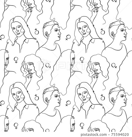 Seamless pattern with single line drawing of woman portrait with planet venus sign. Isolated on white background 75594020