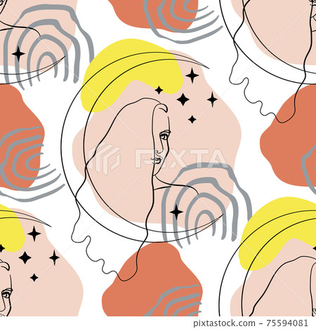 Seamless pattern with single line drawing of woman portrait with moon and stars with abstract geometric neutral shapes 75594081