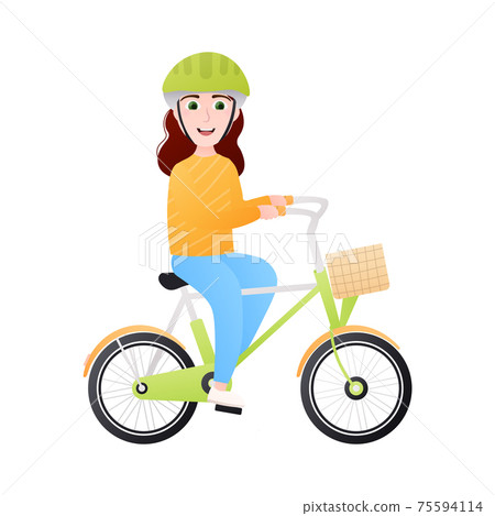 Little girl in helmet riding bike, healthy lifestyle concept in cartoon style, outdoor summer actifity for kids 75594114