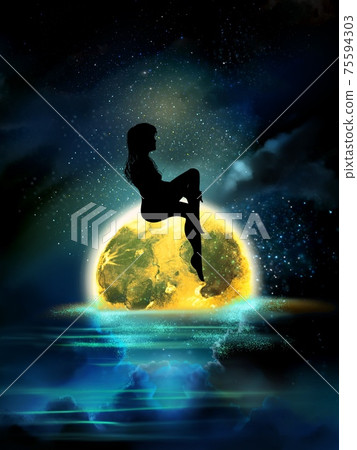 A sideways pose of a beautiful woman sitting alone on a full moon where the starry sky reflects on the surface of the sea and shines brightly A sideways pose of a beautiful woman sitting alone on a full moon where the starry sky reflects on the surface of the sea and shines brightly 75594303