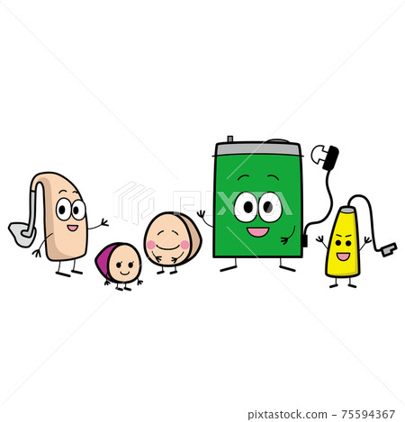 Illustrations of smiling faces of various types of hearing aid characters 75594367