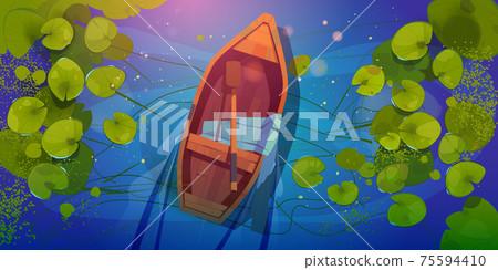 Wooden boat on lake top view, skiff with paddle 75594410