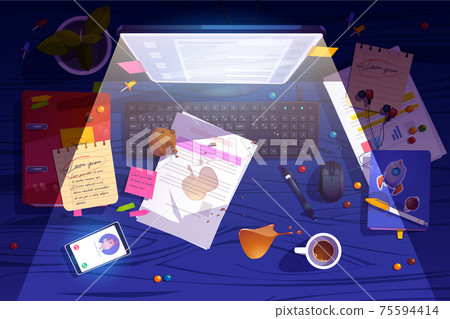 Messy night workplace top view, clutter desk. Messy night workplace top view, clutter desk. 75594414