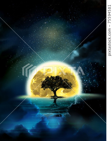 A mysterious silhouette of a tree that rises before the starry sky reflects off the sea and the full moon shines brightly on the surface of the sea 75594581