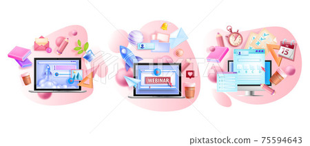 Online vector training illustration set, remote education isolated concepts, laptop screen, book Online vector training illustration set, remote education isolated concepts, laptop screen, book 75594643