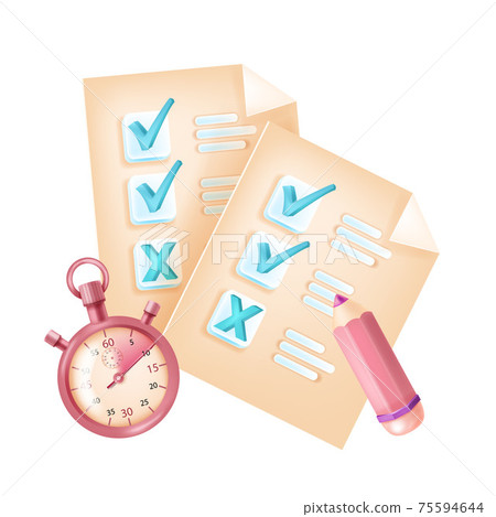 Online exam, vector internet test form, checkbox, mark, question list, timer, pencil Online exam, vector internet test form, checkbox, mark, question list, timer, pencil 75594644