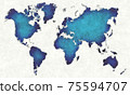 World map with drawn lines and blue watercolor illustration 75594707