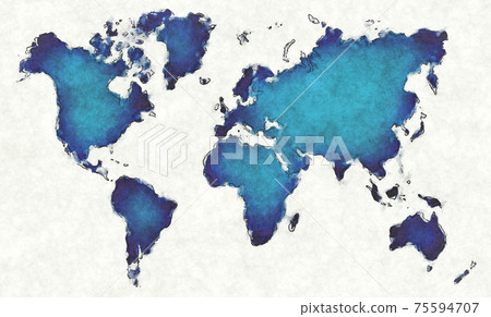 World map with drawn lines and blue watercolor illustration 75594707