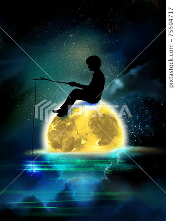 Silhouette and mysterious background picture of a boy fishing while sitting on the blue full moon that fell on the sea surface where the starry sky reflected Silhouette and mysterious background picture of a boy fishing while sitting on the blue full moon that fell on the sea surface where the starry sky reflected 75594717