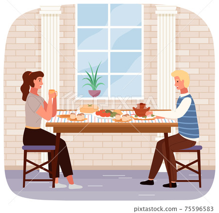Man and woman have dinner with borscht with donuts. Characters taste Ukrainian cuisine dishes Man and woman have dinner with borscht with donuts. Characters taste Ukrainian cuisine dishes 75596583