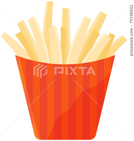 French fries in red striped paper Box. Fastfood vector design fried potatoes in oil, unhealthy meal French fries in red striped paper Box. Fastfood vector design fried potatoes in oil, unhealthy meal 75596682