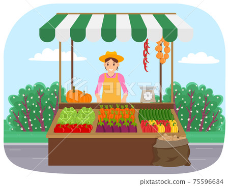 Outdoor farm products store. Woman sells natural vegetables grown in garden. Selling food in bazaar 75596684
