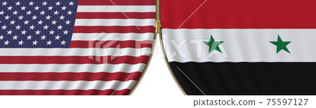 United States and Syria political cooperation or conflict, flags and closing or opening zipper, conceptual 3D rendering 75597127
