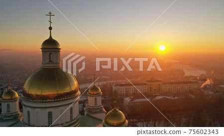 Winter landscape, Penza city. Church in Russia. Penza city in Russia, winter landscape from a height. Dawn in Penza. 75602343