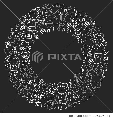 Poster with cute doodle drawing of happy kids and precepts to celebrate Children's Day. Kindergarten children. 75603024