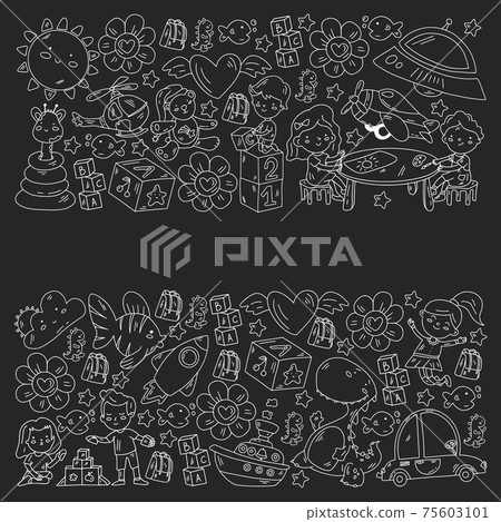 Poster with cute doodle drawing of happy kids and precepts to celebrate Children's Day. Kindergarten children. 75603101