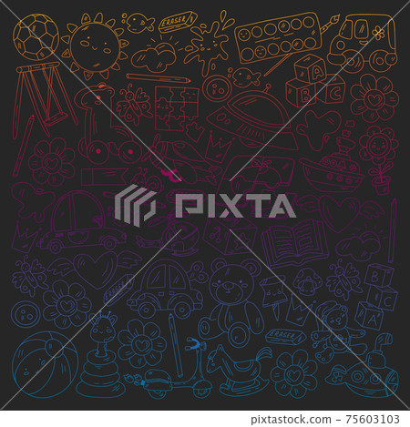 Kindergarten and toys. Little children game. Kids playground. Education, creativity, imagination. 75603103