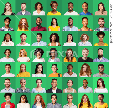 Set Of Successful Women And Men Portraits On Green Backgrounds Set Of Successful Women And Men Portraits On Green Backgrounds 75603384