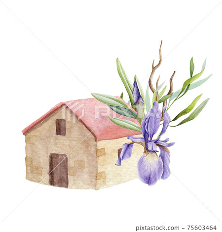 House, cottage with red roof tiles. Small village house with iris flower decor.Watercolor. Illustration. Handmade. Image. Isolated on white background. Flower and green leaves decoration House, cottage with red roof tiles. Small village house with iris flower decor.Watercolor. Illustration. Handmade. Image. Isolated on white background. Flower and green leaves decoration 75603464