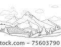 Line art, drawing of mountain  landscape vector illustration. Cartoon of spring summer beautiful nature, green grasslands meadow with  forest and mountains on horizon background . 75603790