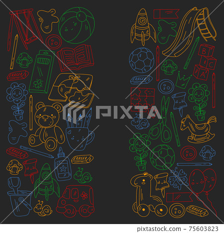 Kindergarten and toys. Little children game. Kids playground. Education, creativity, imagination. 75603823