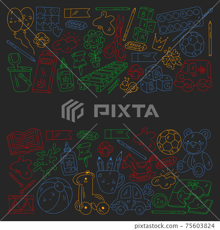 Kindergarten and toys. Little children game. Kids playground. Education, creativity, imagination. 75603824