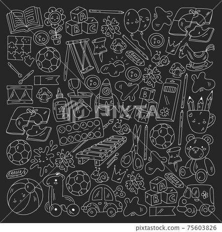 Kindergarten and toys. Little children game. Kids playground. Education, creativity, imagination. 75603826