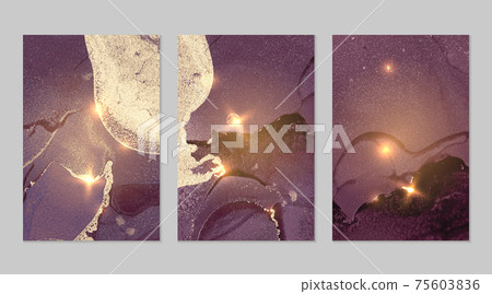 Set of marble patterns. Maroon and gold geode textures with glitter 75603836