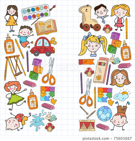 Kindergarten. Vector pattern with toys and small children. Preschool education. 75603887
