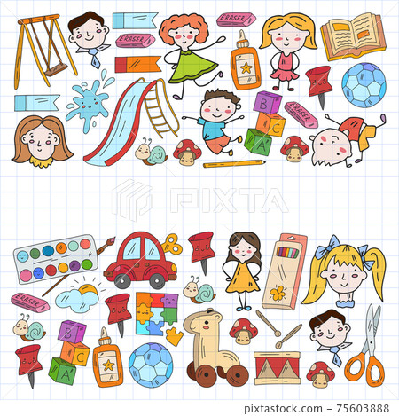 Kindergarten. Vector pattern with toys and small children. Preschool education. 75603888