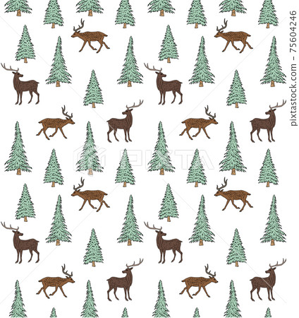 Vector seamless pattern of deer and spruce - Stock Illustration ...