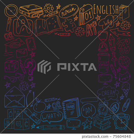 Concept of learning English. Online language courses. E-learning. Pattern with vector icons. 75604848