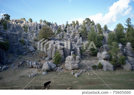Valley with beautiful rock formations under blue sky. 75605000