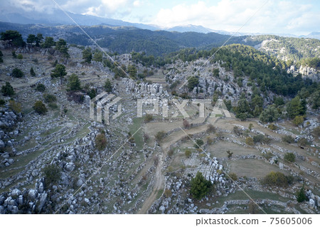 Panoramic view of mountains with rock formations and green forests. 75605006