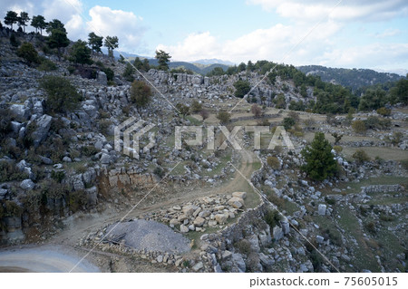 Panoramic landscape of mountain valley with stones. 75605015