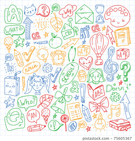 Back to school. Vector illustration with icons about education. English learning. Online internet courses. 75605367