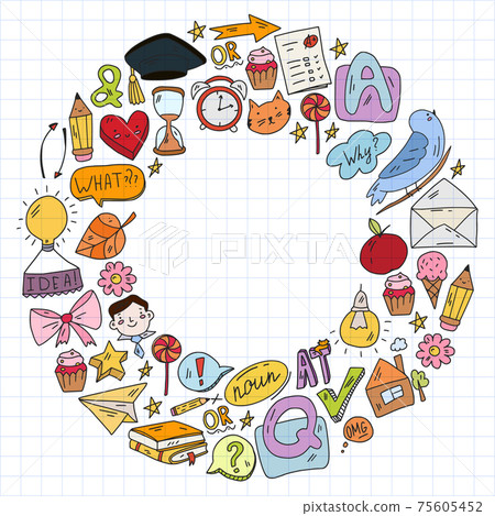 Back to school. Vector illustration with icons about education. English learning. Online internet courses. 75605452