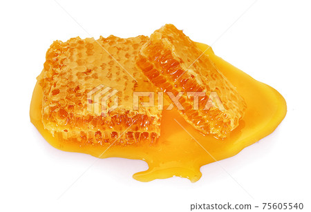 Honeycomb piece. Honey slice isolated on white background. Package design element Honeycomb piece. Honey slice isolated on white background. Package design element 75605540